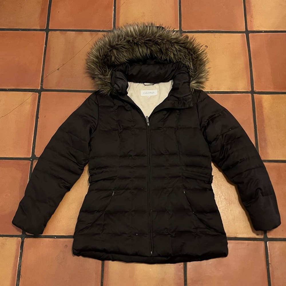 Calvin Klein Down Puffer Coat BROWN Size Medium Fur Trim Removable Hoodie Jacket